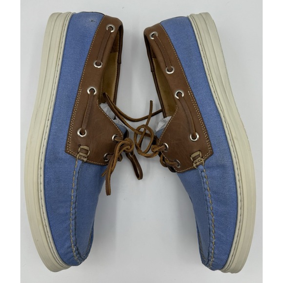 Peter Millar Seaside Washed Blue Canvas & Brown Leather Boat Shoes Mens SZ 10.5M - Picture 6 of 11